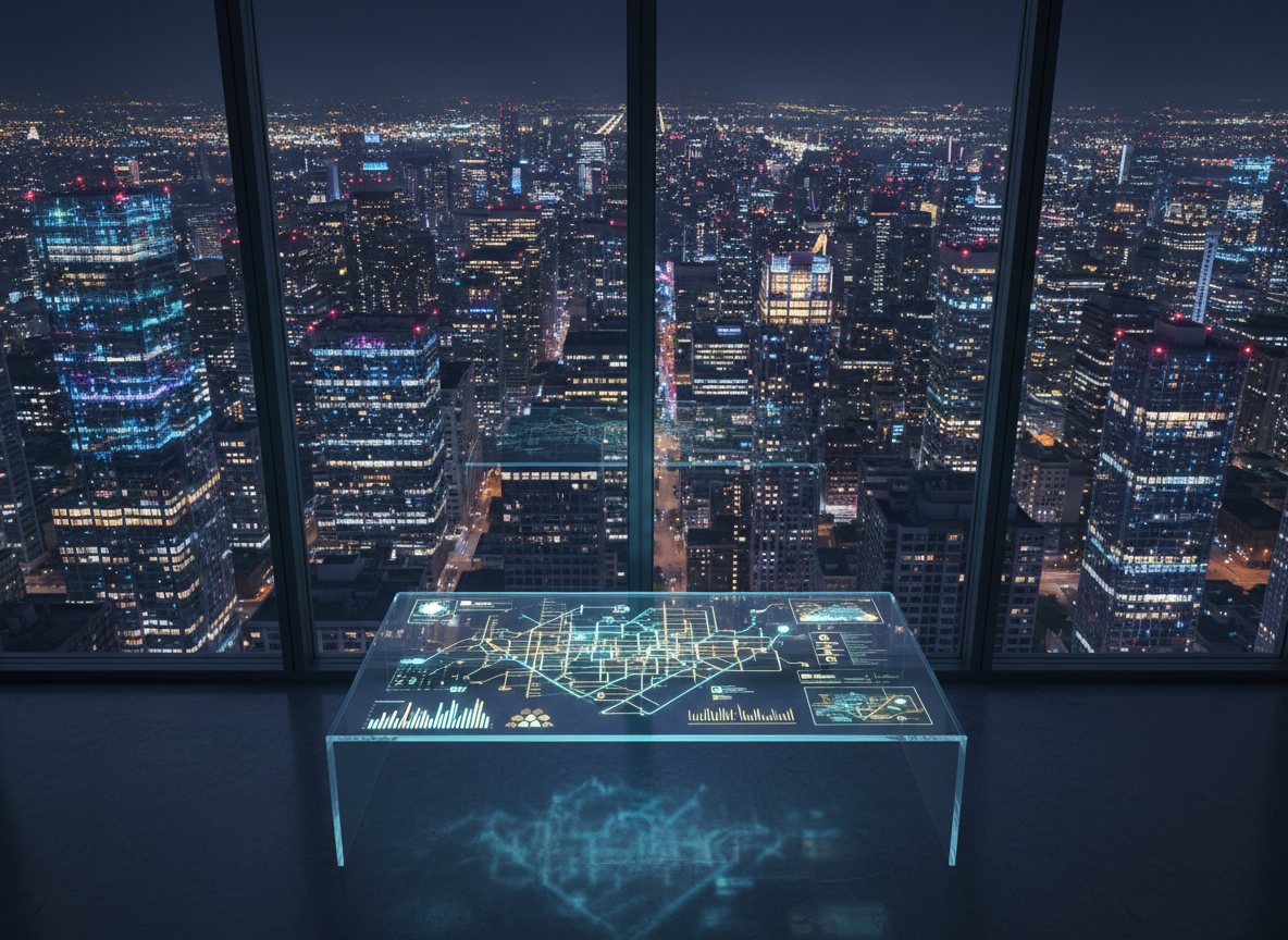 A night-time cityscape viewed from inside a high-rise, where floor-to-ceiling glass reveals a grid of illuminated smart buildings, each window glowing with distinct, rhythmic patterns. In the foreground, a slim, edge-to-edge transparent display hovers above a floating glass console, showing an elegant, holographic-style map of urban wellbeing metrics in cyan and soft gold. Reflections of the interface shimmer on the polished concrete floor. Cool ambient lighting from the display contrasts with the warm constellation of city lights outside. Photographic realism with a cinematic wide shot, deep focus, and a slightly lowered perspective, creating a sophisticated, visionary atmosphere that suggests the meaningful orchestration of technology to enhance urban quality of life.