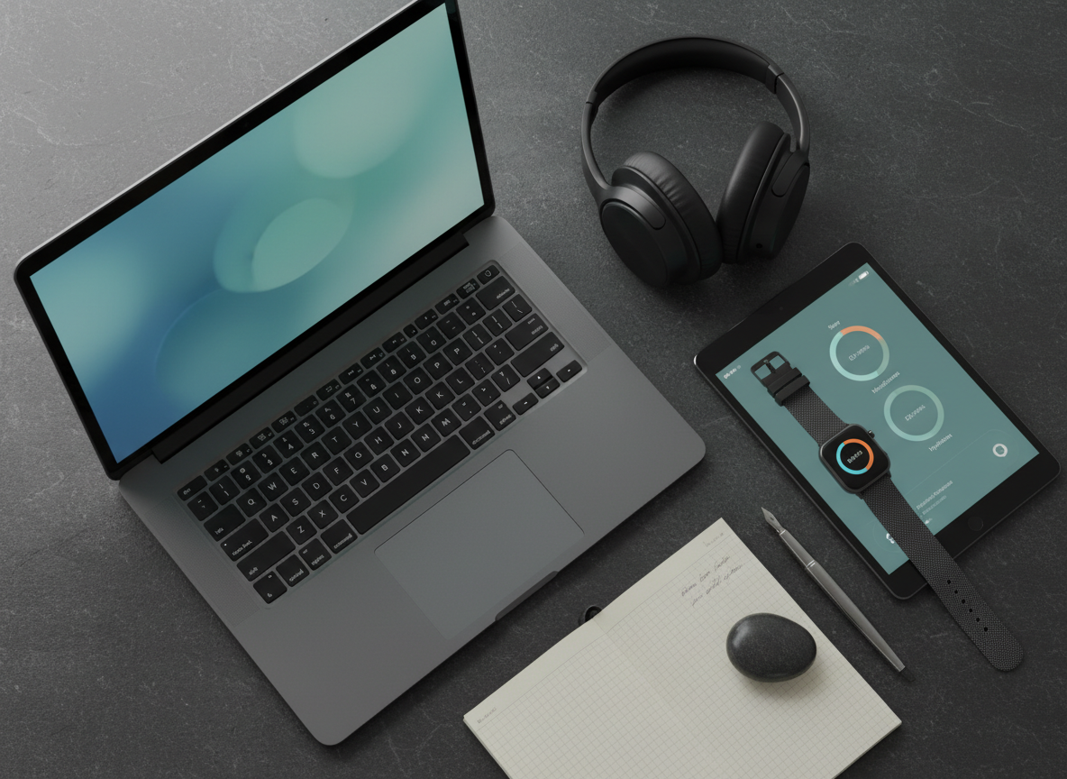 A close-up, overhead view of a refined “digital ecosystem” flat lay arranged on a dark slate surface: a graphite laptop, a slim tablet displaying a calm wellness dashboard, a smartwatch with a subtle woven band showing a balanced activity ring, and noise-cancelling headphones with soft leather ear cups. Interspersed are analog touches—a smooth fountain pen, a small, open notebook with precise dotted grid paper, and a single, polished stone paperweight. Gentle, directional studio lighting from the top-left creates soft gradients and delicate shadows, highlighting textures and edges. Photographic realism with crisp, detailed focus and a subtly vignetted frame, expressing a sophisticated, deliberate blend of technology and mindful living tools.