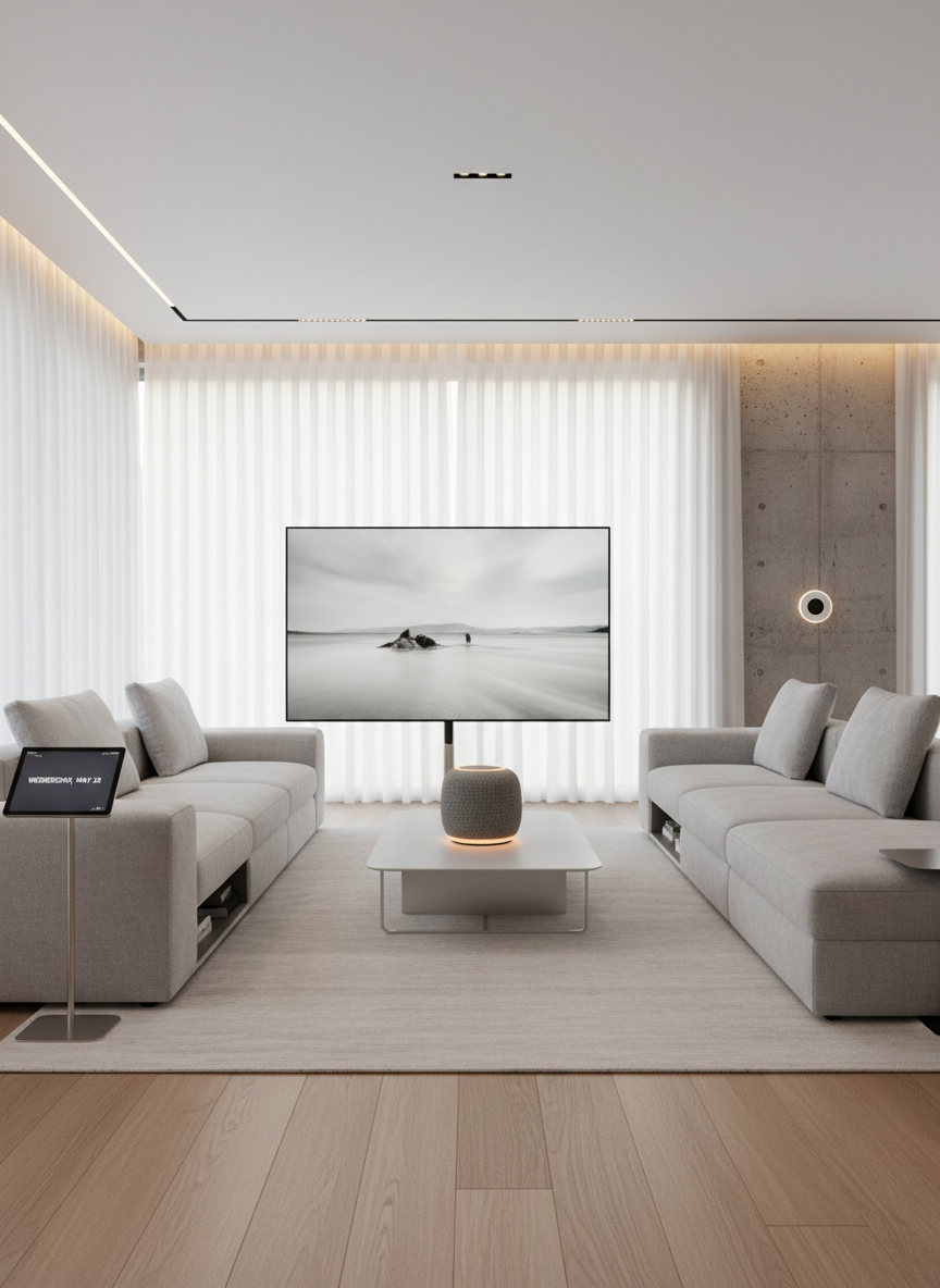 An ultra-clean smart living room centered around a low, matte-white coffee table holding a single, sculptural smart speaker with a textured fabric body and soft, glowing light ring. Surrounding it, thoughtfully placed devices—an e-ink tablet on a slim stand, a discrete smart thermostat on a concrete wall, and subtle ambient lighting tucked into architectural lines—hint at an invisible, coordinated system. Natural afternoon light streams through tall, sheer-draped windows, mixing with warm indirect LED strips that define the room’s contours. Photographic realism with a wide-angle, slightly elevated composition, crisp detail throughout, and a calm, uncluttered mood that conveys technology seamlessly elevating daily life in a sophisticated, intentional space.