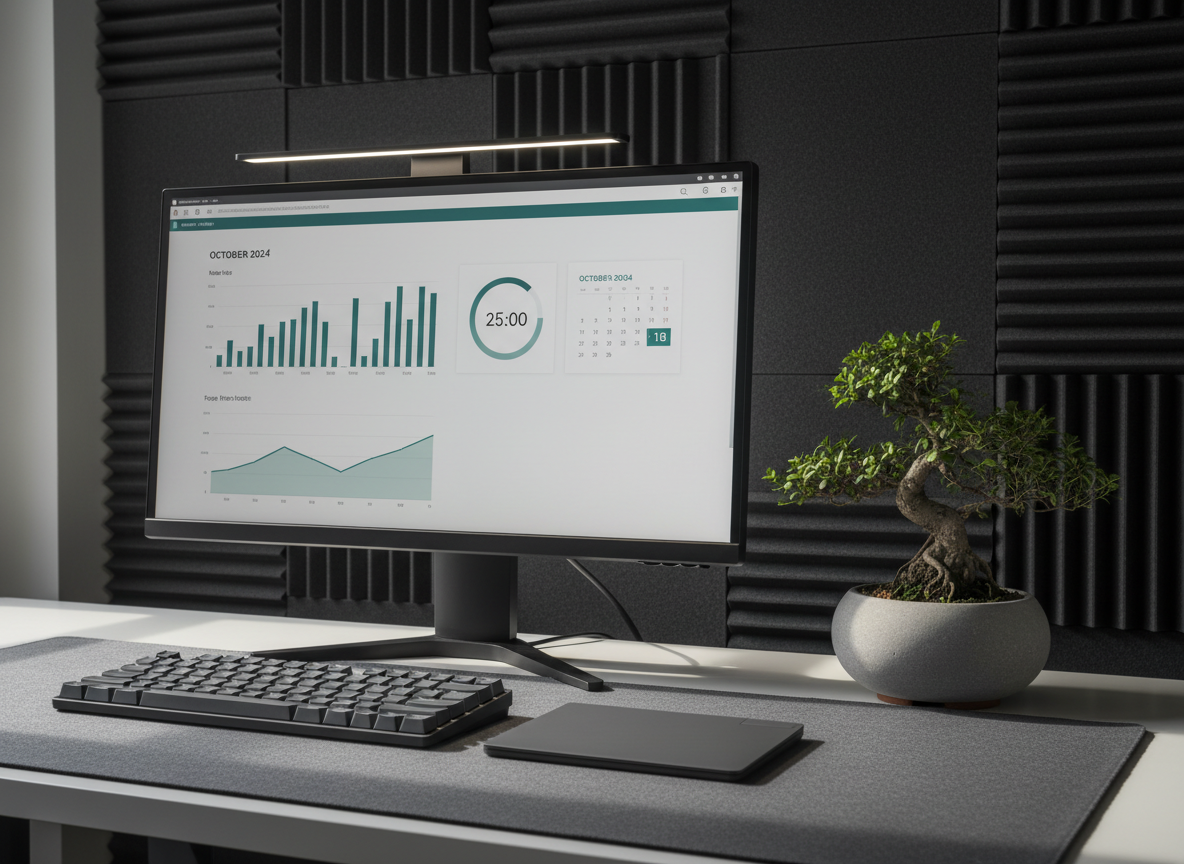 A carefully curated desktop scene featuring an open, high-resolution monitor displaying a serene digital dashboard: clean charts, a focus timer, and a minimalist calendar in muted teal and charcoal tones. Beside it, a wireless mechanical keyboard with low-profile, matte keycaps and a compact graphite trackpad sit on a soft charcoal felt desk mat. A single bonsai tree in a smooth stone pot adds organic contrast against a backdrop of dark acoustic panels. Soft, diffused morning light from an unseen side window gently meets cool, balanced task lighting above, creating subtle shadows and polished highlights. Photographic realism, eye-level perspective, rule-of-thirds composition, evoking a sophisticated, focused environment where meaningful technology supports deep work and balanced living.