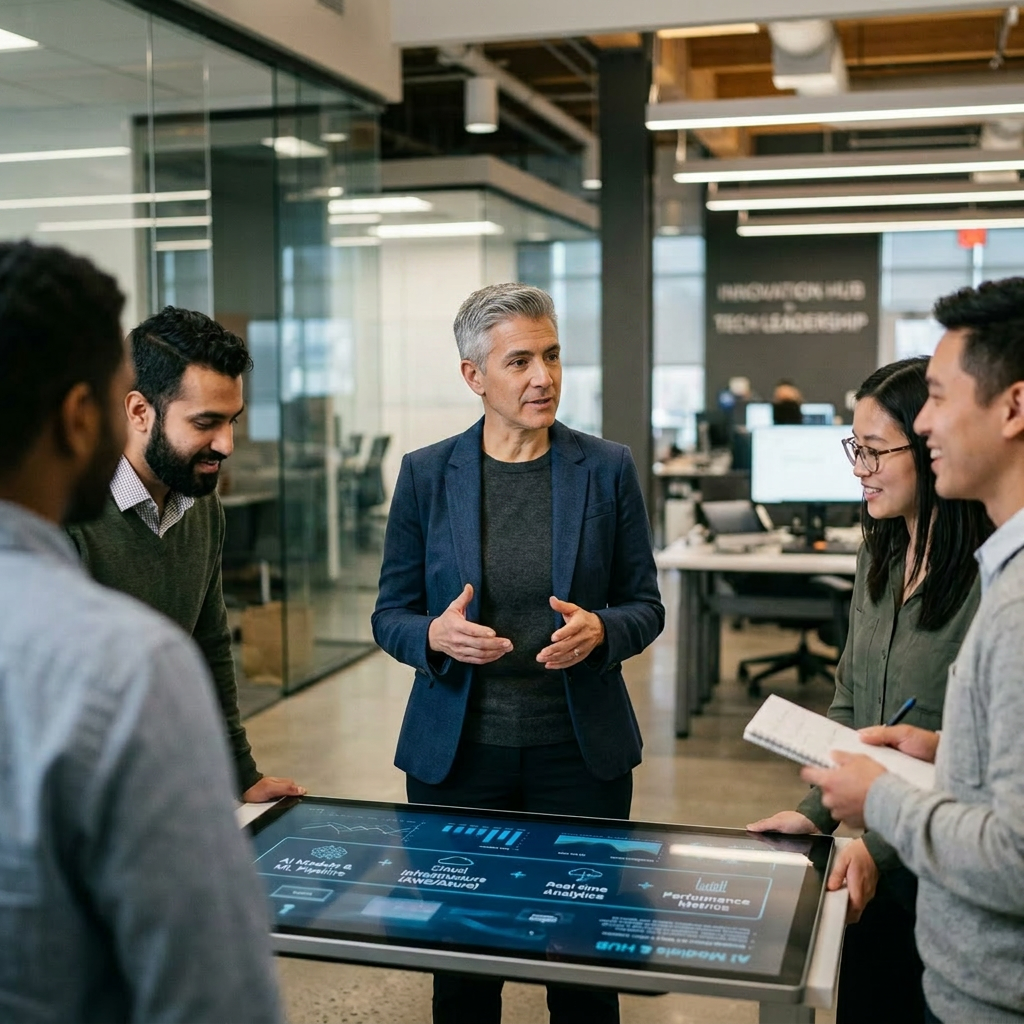 Team collaboration around interactive touchscreen Five professionals collaborating around a digital touchscreen table displaying analytics and AI information