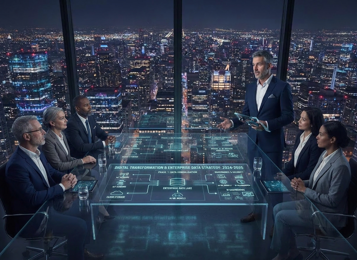 Futuristic enterprise data strategy presentation Businessman presenting enterprise data strategy with holographic table in city office at night