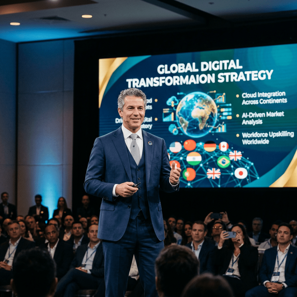 Global tech leader presenting multinational digital transformation strategy