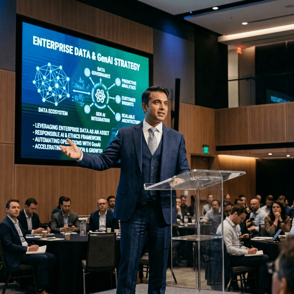 Man in suit presenting enterprise data and GenAI strategy at a conference with audience listening
