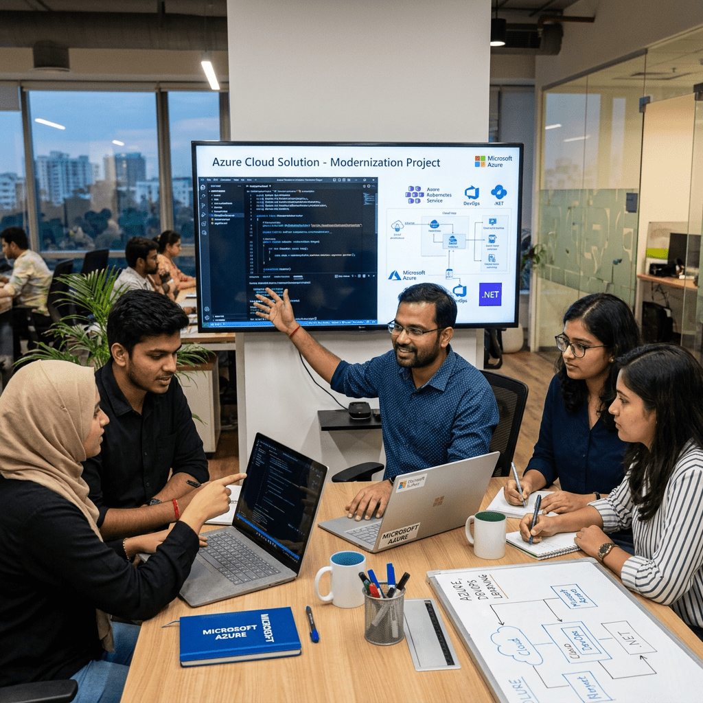 Indian male developing Microsoft solution, team learning