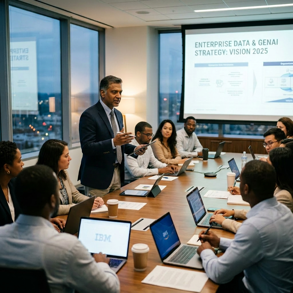 Male director leading enterprise data and GenAI strategy meeting Male director leading enterprise data and GenAI strategy meeting