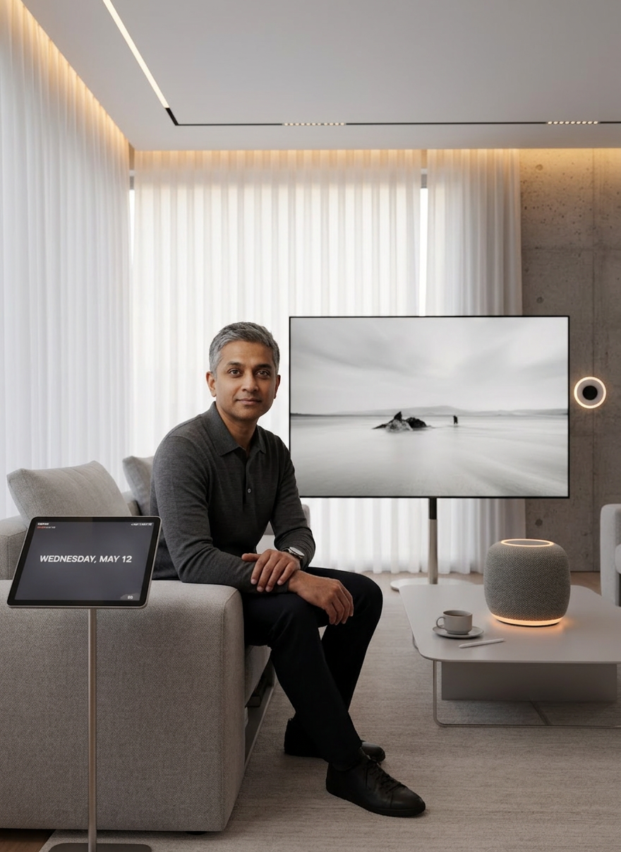 An ultra-clean smart living room centered around a low, matte-white coffee table holding a single, sculptural smart speaker with a textured fabric body and soft, glowing light ring. Surrounding it, thoughtfully placed devices—an e-ink tablet on a slim stand, a discrete smart thermostat on a concrete wall, and subtle ambient lighting tucked into architectural lines—hint at an invisible, coordinated system. Natural afternoon light streams through tall, sheer-draped windows, mixing with warm indirect LED strips that define the room’s contours. Photographic realism with a wide-angle, slightly elevated composition, crisp detail throughout, and a calm, uncluttered mood that conveys technology seamlessly elevating daily life in a sophisticated, intentional space.