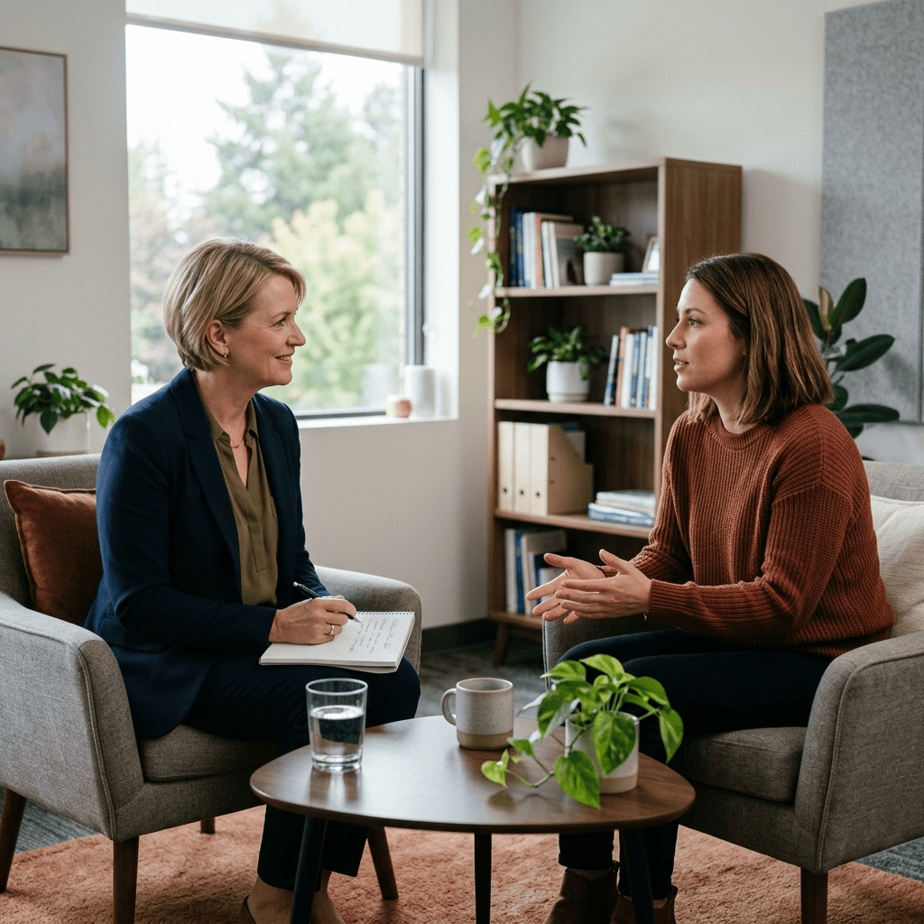 Two women having a counseling session in a comfortable office setting
