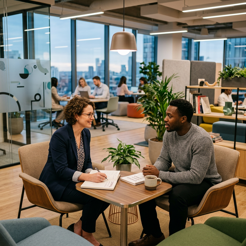 Two colleagues sitting at a small table in an office, having a conversation with notebooks and a cup of coffee