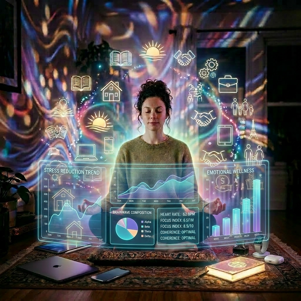 Woman seated at a table working on a laptop with colorful light patterns on walls
