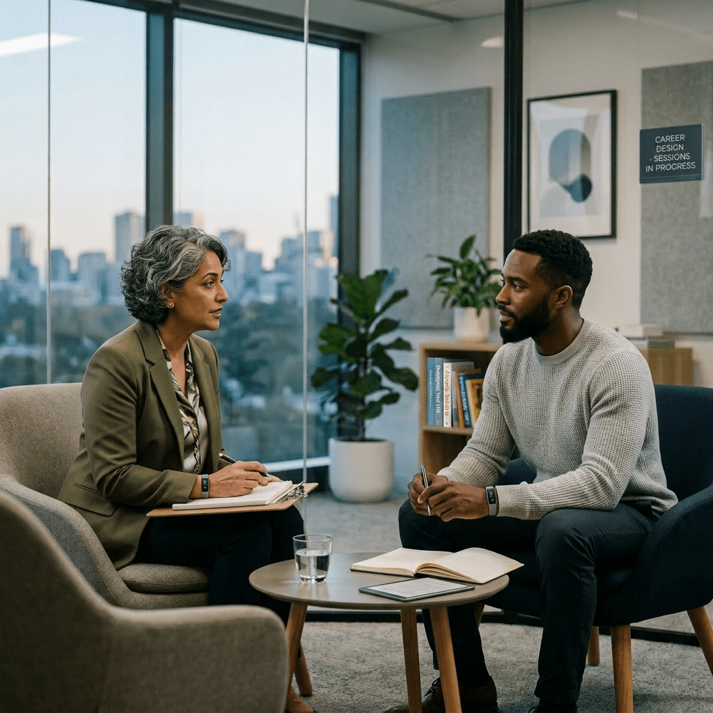 Diverse professionals with subtle tech and career themes
