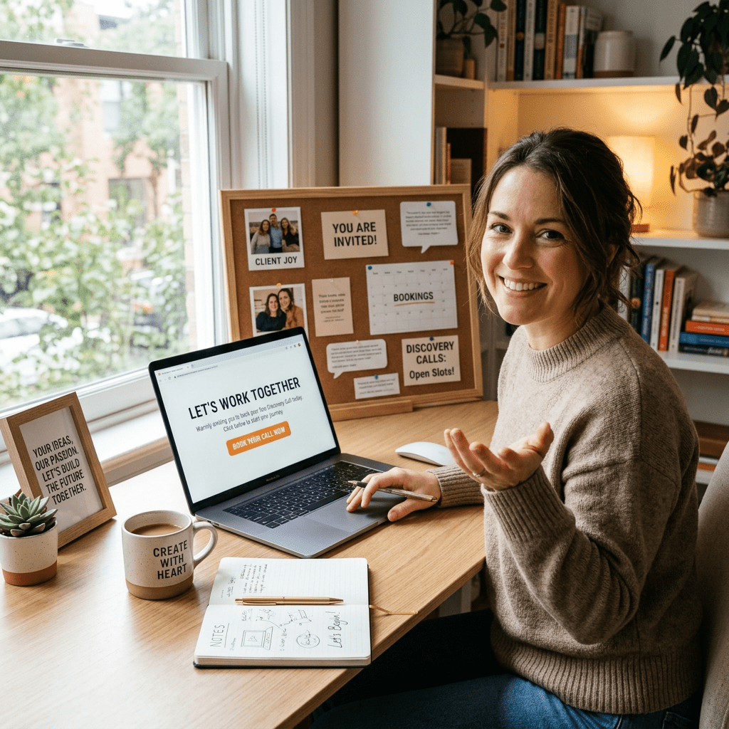 Woman sitting at a home office desk inviting collaboration with laptop showing Let's Work Together message