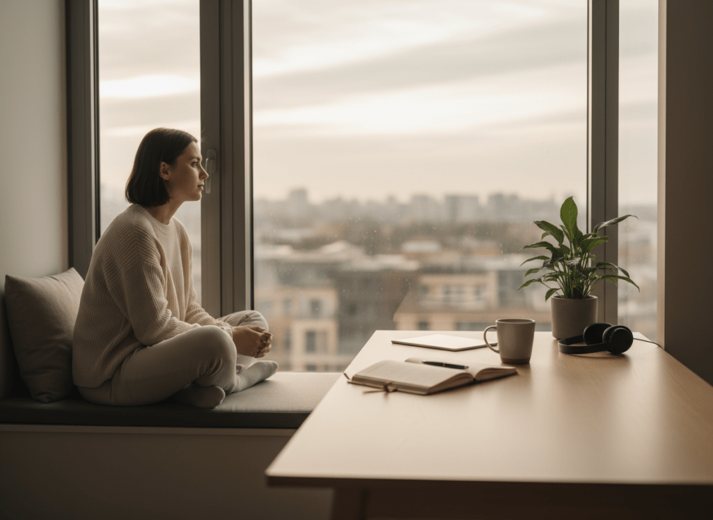 A calm, reflective scene representing introspection in modern life: a person sitting by a window with soft natural light, a notebook open on a wooden desk, minimal modern workspace elements, warm neutral tones, shallow depth of field, peaceful and thoughtful mood, landscape orientation, high resolution, cinematic lighting.