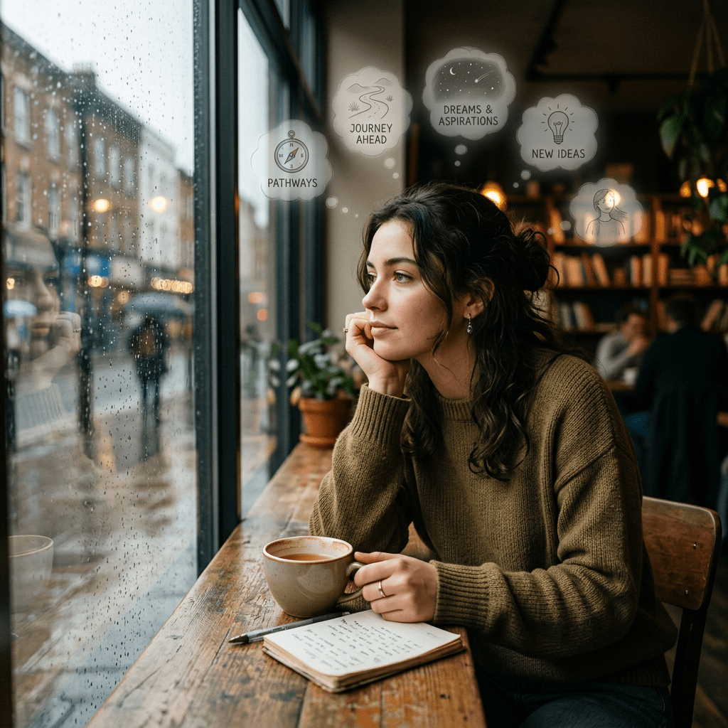 Woman sitting in café looking out rainy window with cup of coffee and notebook
