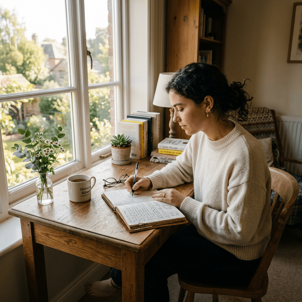 Woman writing in a journal at a wooden desk next to a window