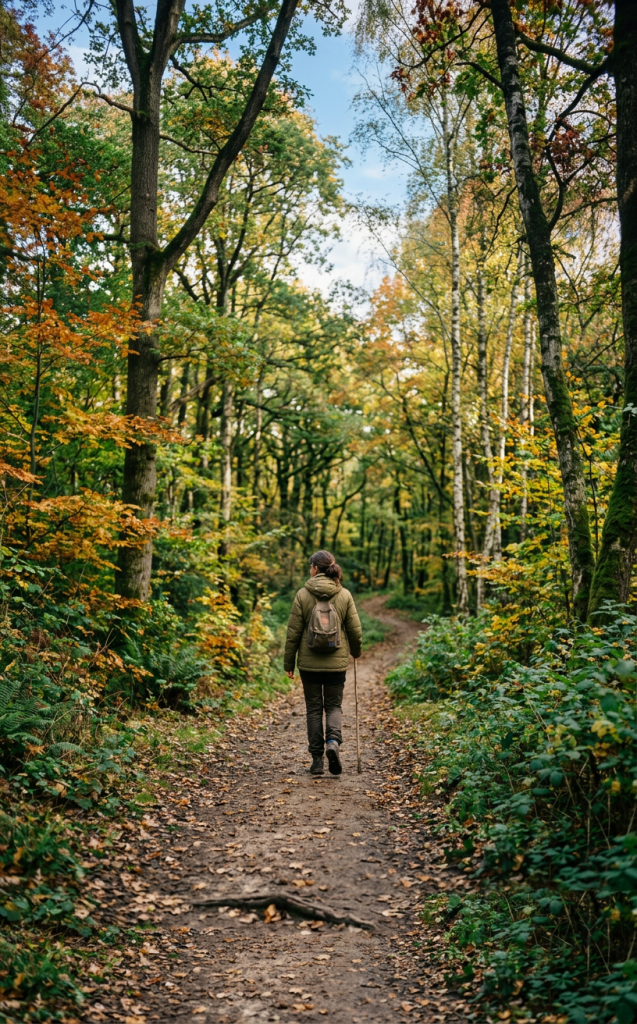 Autumn forest hiking trail Person walking on a dirt trail through a forest with autumn-colored leaves