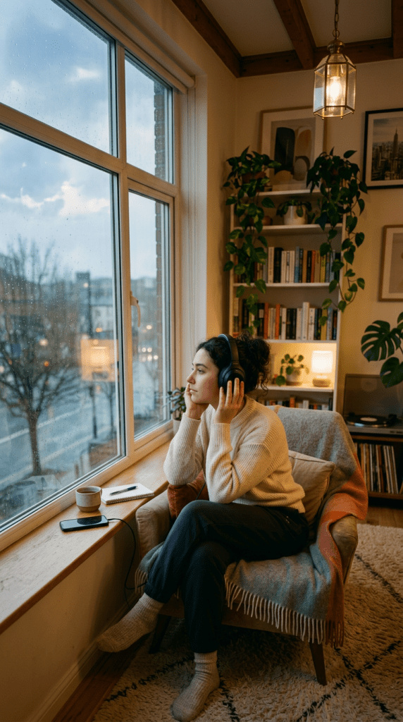 Woman with headphones sitting by window looking outside on a rainy day