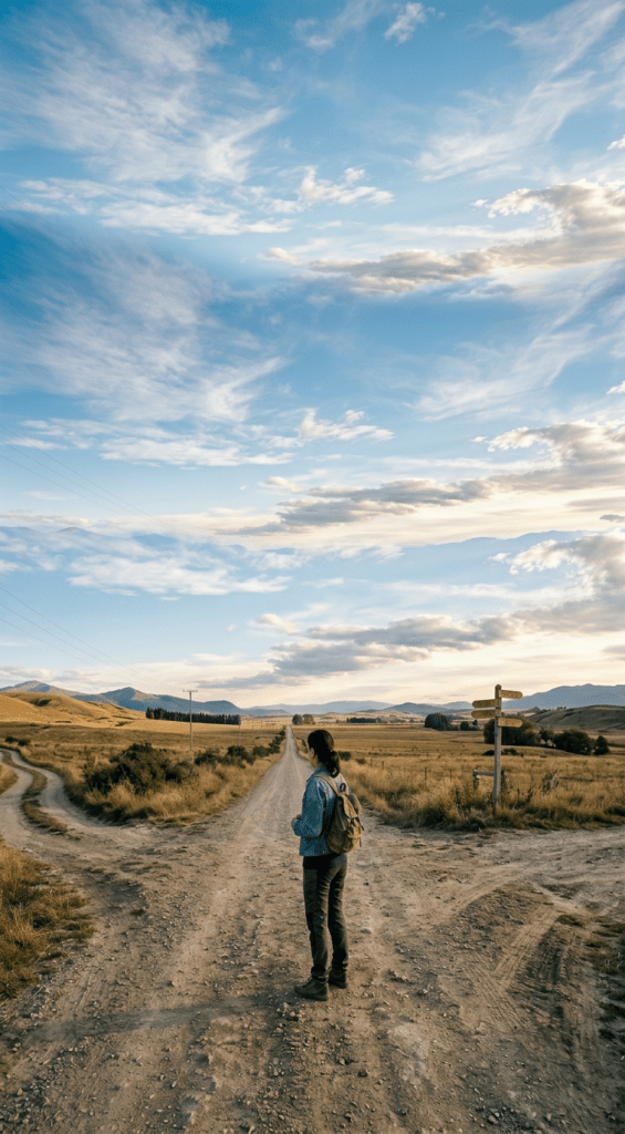 Person with backpack standing at a rural dirt road fork with signposts